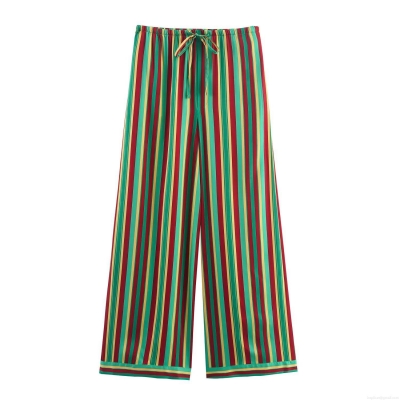 Women's Casual High Waisted Striped Wide Leg Pants Comfortable Loose Fit Vertical Stripe Drawstring Satin Finish Pajama Style Trousers For Daily Holiday