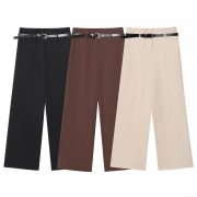 Women's High Waist Wide Leg Pants With Belt Elegant Cuffed Hem Solid Color Polyester Trousers For Office Casual Daily Wear Long Pants
