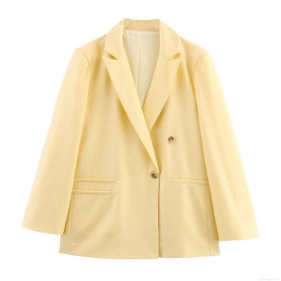 Women's Minimalist Linen Blend Blazer Jacket Double Breasted Long Sleeve Suit Collar Solid Color Coat With Flap Pockets For Casual Office Workwear