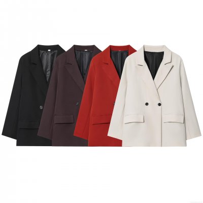Women Double Breasted Blazer Notch Lapel Solid Color Casual Professional Suit Jacket Outerwear For Office Lady Elegant Workwear Blazers Coat