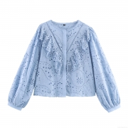 Women Fashion Hollow Out Embroidery Long Sleeve Shirt Elegant Round Neck Casual Sky Blue 85 Cotton Blouse Floral Eyelet Lace Top Lady Spring