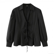 Women's French Retro 100% Cotton Poplin Blouse Deep V-Neck Bow Tie Front Long Sleeve Shirt Slim Fit Waist Solid Color Casual Elegant Top