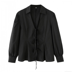 Women's French Retro 100% Cotton Poplin Blouse Deep V-Neck Bow Tie Front Long Sleeve Shirt Slim Fit Waist Solid Color Casual Elegant Top