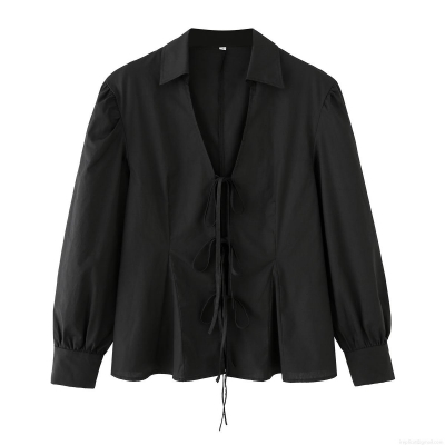 Women's French Retro 100% Cotton Poplin Blouse Deep V-Neck Bow Tie Front Long Sleeve Shirt Slim Fit Waist Solid Color Casual Elegant Top