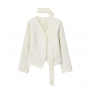 Women's Elegant V-Neck Scarf Collar Blazer Jacket Minimalist Solid Color Long Sleeve Asymmetrical Hem Short Outerwear For Wedding Party Office Lady Fashion Spring Autumn