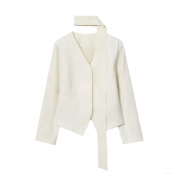 Women's Elegant V-Neck Scarf Collar Blazer Jacket Minimalist Solid Color Long Sleeve Asymmetrical Hem Short Outerwear For Wedding Party Office Lady Fashion Spring Autumn