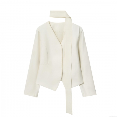 Women's Elegant V-Neck Scarf Collar Blazer Jacket Minimalist Solid Color Long Sleeve Asymmetrical Hem Short Outerwear For Wedding Party Office Lady Fashion Spring Autumn