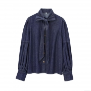 Women French Retro Cotton Denim Shirt Bow Tie Neck Long Lantern Sleeve Casual Solid Color Button Down Blouse Top For Spring Autumn