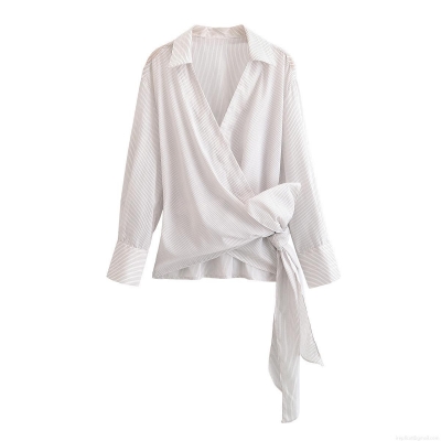 Women Vertical Striped Wrap Blouse 100% Polyester Long Sleeve Lapel V Neck Tie Waist Bow Shirt Slim Fit Casual Fashion Tops For Lady Autumn Spring