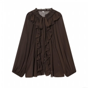 Women's Elegant Chiffon Blouse Ruffle Tie Neck Long Lantern Sleeve Solid Color Casual Shirts For Ladies Office Party Wear Tops