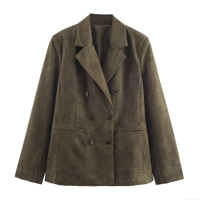 Women's Double Breasted Suede Suit Jacket Faux Suede Long Sleeve Blazer Olive Green Commuter Elegant Outerwear for Women Spring Autumn