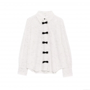 Women's Elegant White Floral Lace Long Sleeve Blouse Featuring Contrast Black Bow Decoration Sweet Shirt Collar Button Down Top For Daily Dating