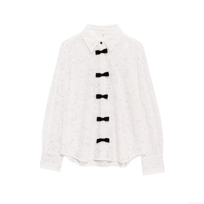 Women's Elegant White Floral Lace Long Sleeve Blouse Featuring Contrast Black Bow Decoration Sweet Shirt Collar Button Down Top For Daily Dating