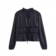 French Vintage Black Ruffle Stand Collar Tie-up Bow Blouse Women Long Lantern Sleeve Elastic Waist Peplum Top Elegant Socialite Chiffon Style Shirt