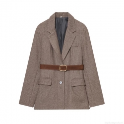 Vintage British Style Women Herringbone Wool Blend Tweed Blazer Coat With Belt Notched Lapel Single Breasted Casual Office Long Sleeve Outerwear Jackets