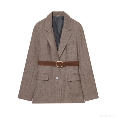 Vintage British Style Women Herringbone Wool Blend Tweed Blazer Coat With Belt Notched Lapel Single Breasted Casual Office Long Sleeve Outerwear Jackets