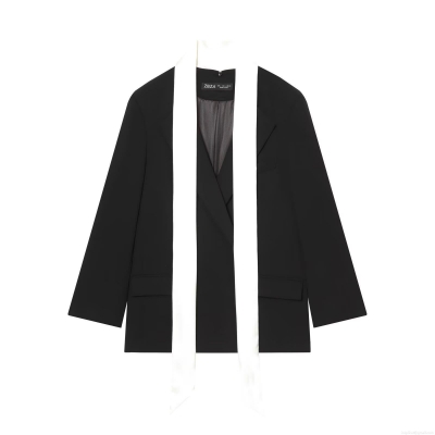 Women's Loose Blazer Jacket With Contrast Scarf Detail Long Sleeve Polyester Solid Color Commuting Style British Design Casual Outerwear
