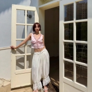 Women's Sweet Vacation White Lace Trim Lantern Pants High Waist Drawstring Loose Bloomers Pumpkin Trousers Soft Rayon Nylon Blend Casual Summer Fashion