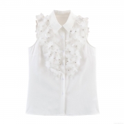 Women's White Sleeveless Blouse With 3D Floral Applique And Rhinestone Beaded Decoration Elegant Polyester Polo Neck Summer Top For Daily Dating
