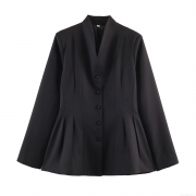 Women's Slim Fit Polyester Blazer Jacket Stand Collar Pleated Hem Ruffle Peplum Blazer Office Lady Long Sleeve Single Breasted Casual Outerwear