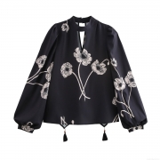 Women's Vintage Floral Print Blouse Elegant Stand Collar Hollow Out Lantern Sleeve Shirt With Tassel Casual Polyester Top For Women