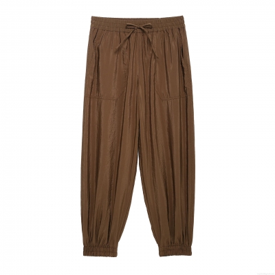 Women's Safari Style Cargo Pants Elastic Waist Drawstring Joggers Solid Color Satin Luster Casual Long Trousers Streetwear for Women