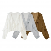 Women's Elegant Chiffon Mesh Blouse Ruffle V-Neck Lace-Up Long Lantern Sleeve Shirt For Daily Commute Versatile Lady Top
