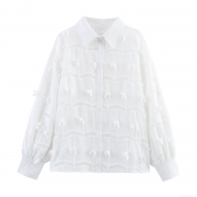 Women French Sweet White Embroidered Blouse Long Sleeve Hollow Out Lace Patchwork Shirt With 3D Floral Decor Loose Pastoral Tops