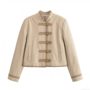 Women's Stand Collar Blazer Retro Style with Metal Frog Buttons 100% Polyester Long Sleeve Short Outerwear Beige Suit for Autumn Daily Commute Office