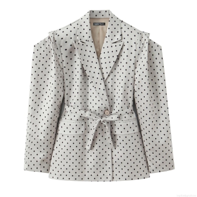 Women's Polka Dot Blazer Jacket Retro Tie Waist Lapel Long Sleeve Polyester Coat For Office Daily Fashion Streetwear Autumn Outerwear