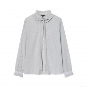 Women's Vintage Striped Blouse With Ruffle Stand Collar Tie Bow Knot Long Flare Sleeve Button Down Lightweight Polyester Top For Office Casual Wear