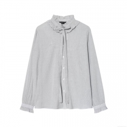 Women's Vintage Striped Blouse With Ruffle Stand Collar Tie Bow Knot Long Flare Sleeve Button Down Lightweight Polyester Top For Office Casual Wear