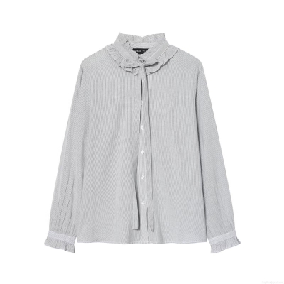 Women's Vintage Striped Blouse With Ruffle Stand Collar Tie Bow Knot Long Flare Sleeve Button Down Lightweight Polyester Top For Office Casual Wear