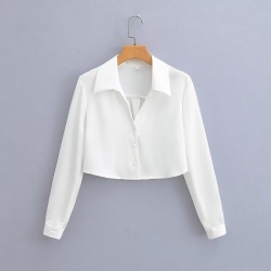 Women Satin Cropped Shirt Long Sleeve Turn-Down Collar Single-Breasted Solid Color Elegant Slim Fit Blouse Top For Daily Party Streetwear