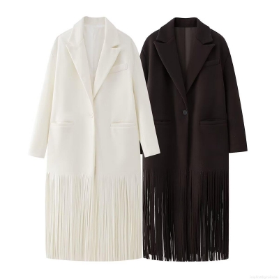 Women's Longline Blazer Coat With Tassel Trim Polyester Woolen Fabric Single Button Long Sleeve Outerwear For Casual Chic Streetwear