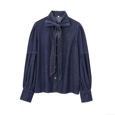 Women Fashion Denim Shirt Long Sleeve Bow Tie Neck Lantern Sleeve Button Down Blouse Casual Streetwear Retro Denim Top For Lady