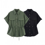 Women's Short Sleeve Linen Blend Safari Shirt Single Breasted Drawstring Waist Loose Fit Solid Color Blouse Top For Summer Fashion