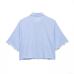 Women Short Sleeve Shirt Floral Embroidery Scalloped Edge Polyester Seersucker Casual European Street Style Lapel Button Down Blouse Top Women Clothing
