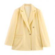 Women's Casual Loose Pale Yellow Blazer Notched Lapel Long Sleeve Polyester Suit Jacket Outerwear for Office Streetwear Autumn