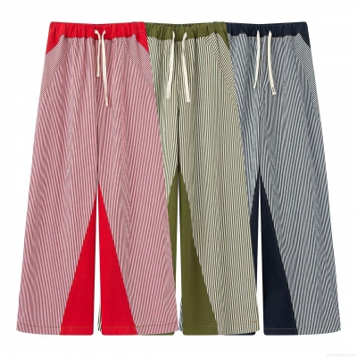 Women Striped Patchwork Wide Leg Pants Summer Casual Loose Drawstring Elastic High Waist Trousers Streetwear Fashion Bottoms