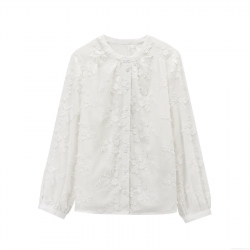 Women's Floral Embroidery Long Sleeve Shirt Elegant White Round Neck Single Breasted Blouse For Casual Summer Streetwear Lady Tops