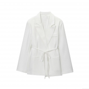 Women's Solid Color Lapel Long Sleeve Blazer Jacket With Waist Tie Polyester Loose Fit Mid-Length Suit Outerwear For Office Daily Autumn Street Style