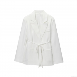 Women's Solid Color Lapel Long Sleeve Blazer Jacket With Waist Tie Polyester Loose Fit Mid-Length Suit Outerwear For Office Daily Autumn Street Style
