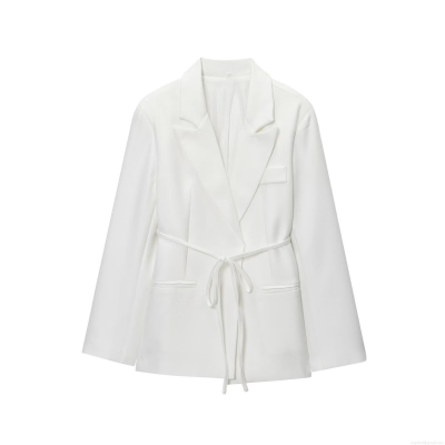 Women's Solid Color Lapel Long Sleeve Blazer Jacket With Waist Tie Polyester Loose Fit Mid-Length Suit Outerwear For Office Daily Autumn Street Style