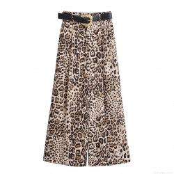 Women Leopard Print Wide Leg Pants With Belt Satin Polyester Casual Mid Waist Long Trousers Streetwear Animal Print Fashion Trousers For Women