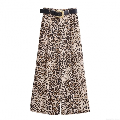 Women Leopard Print Wide Leg Pants With Belt Satin Polyester Casual Mid Waist Long Trousers Streetwear Animal Print Fashion Trousers For Women