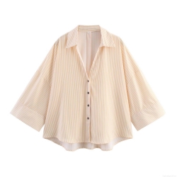 Women's Loose Striped Long Sleeve Lapel Shirt Button Down Polyester Blouse Casual Oversized Streetwear Autumn Top For Daily Wear Yellow White