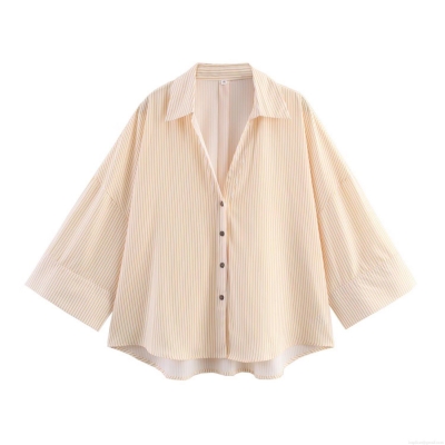 Women's Loose Striped Long Sleeve Lapel Shirt Button Down Polyester Blouse Casual Oversized Streetwear Autumn Top For Daily Wear Yellow White