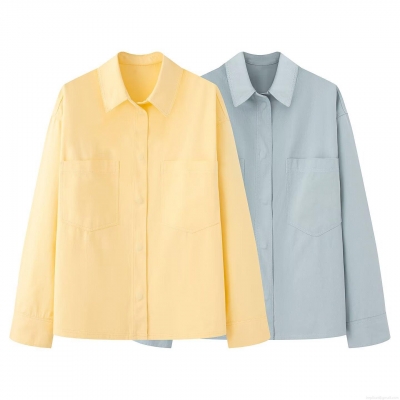 Women's Casual Oversized Cotton Blend Shirt Jacket Autumn Long Sleeve Lapel Neck Blouse With Dual Pockets Single Breasted Solid Color Streetwear Top