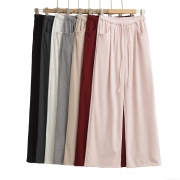 Women's Wide Leg Casual Pants Solid Color Polyester Knit Elastic Waist Drawstring Loose Trousers For Daily Streetwear Fall Winter Comfortable High Waisted Pants